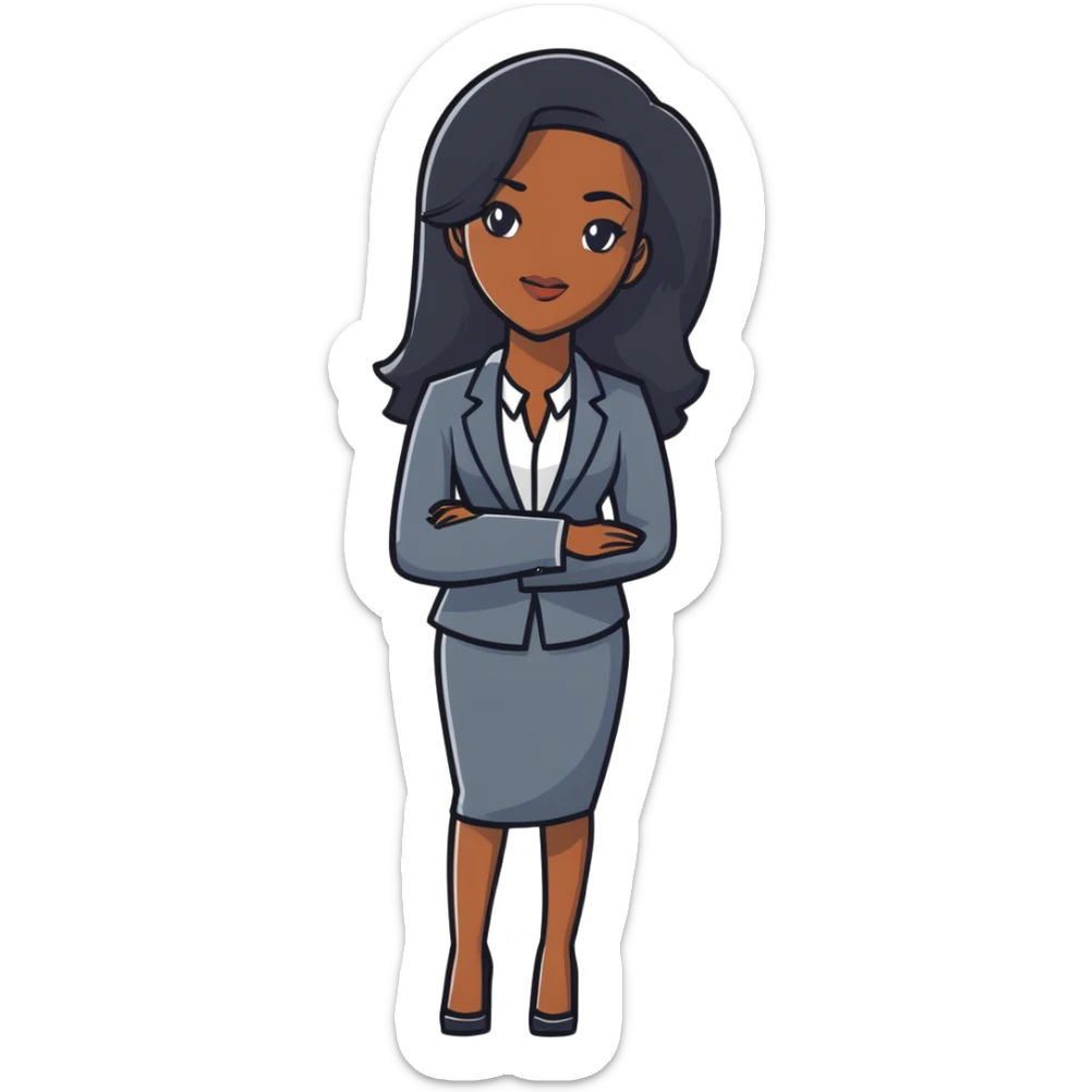 Dynamic African career woman with sleek long black hair, modern business outfit, competent and assertive expression sticker