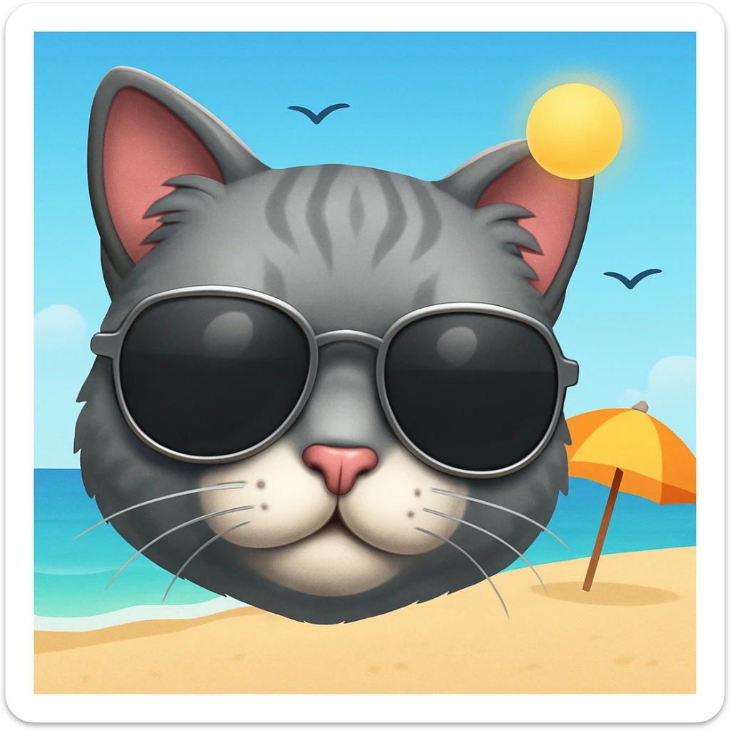 Add a sunny beach background behind the cat wearing sunglasses, in the style of apple emojis. sticker