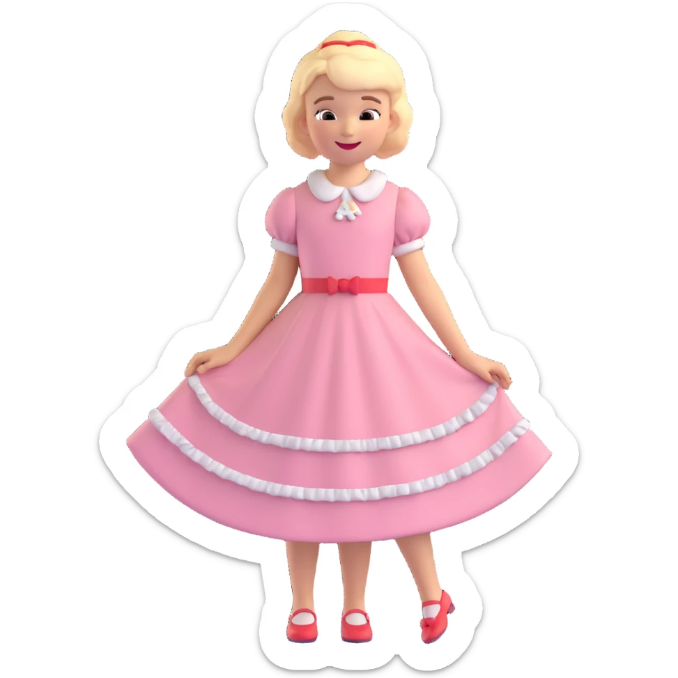 girl in a vintage dress, cheerful expression, classic hairstyle sticker