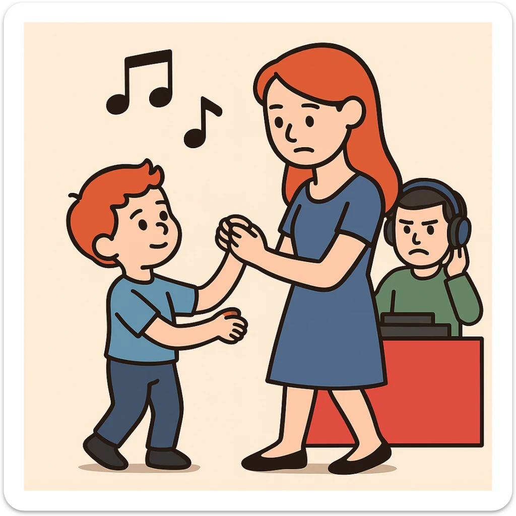 girl higher than the boy, boy should be small and with red hair, they dance slow dance and DJ is angry that he is alone sticker