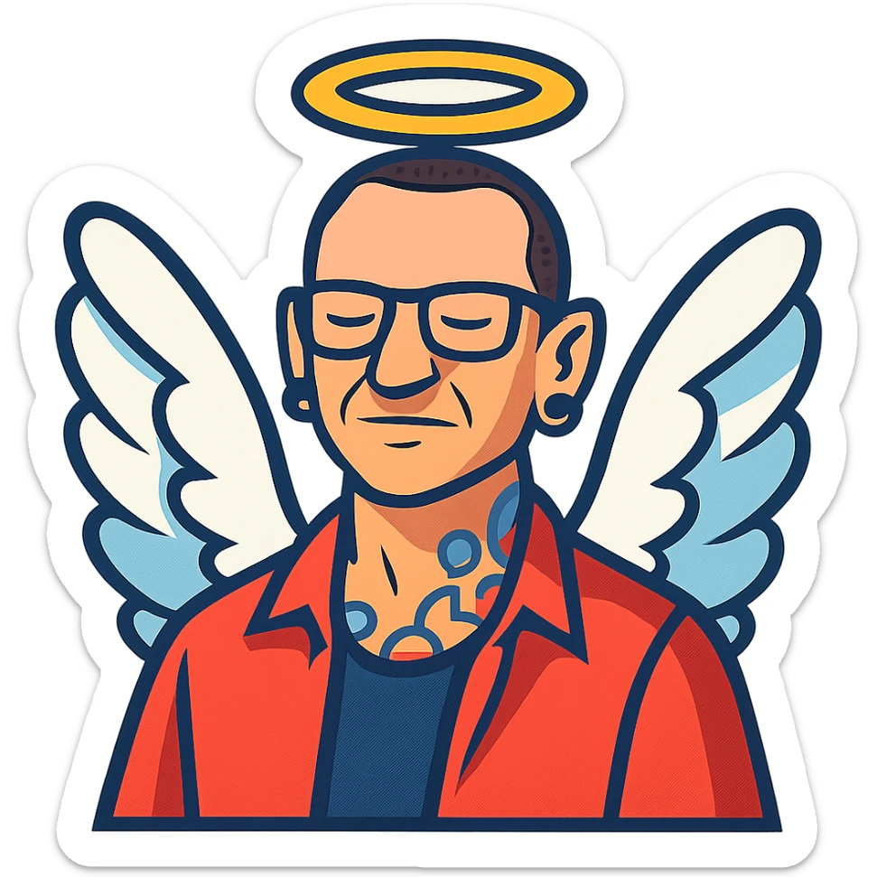 Chester Bennington from Linkin Park with a holy halo and angelic wings sticker