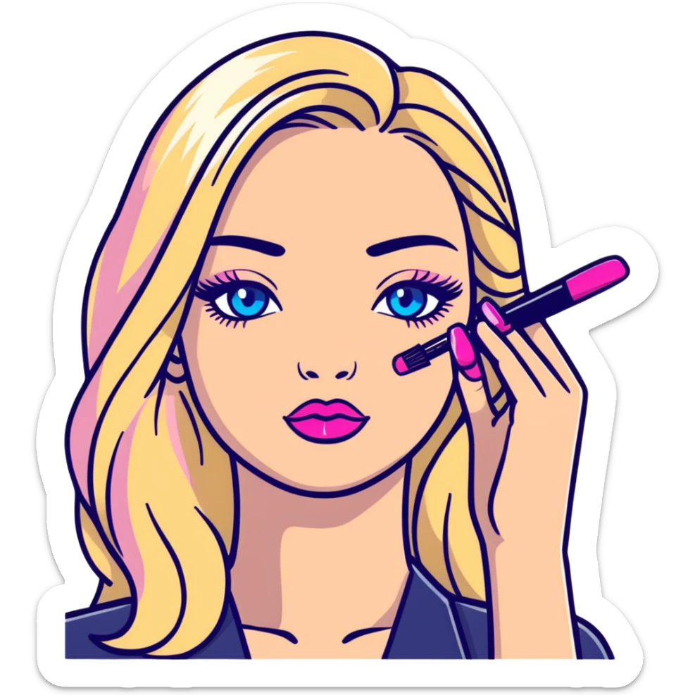 Blonde woman with long hair, blue eyes and pink lips holding mascara in her hands sticker