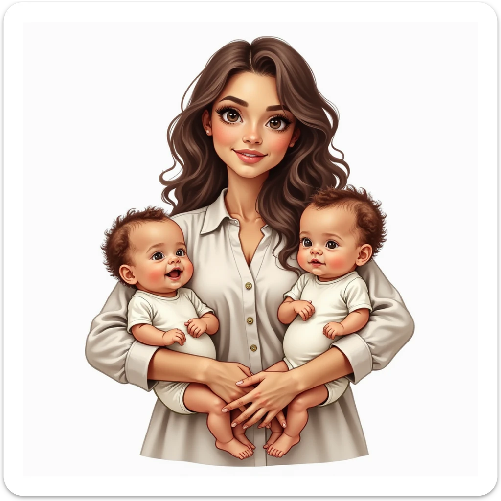 realistic illustration of a mother standing holding two babies in her arms, detailed face, expressive eyes and lips, long wavy hair, wearing a blouse, babies in bodysuits, no background sticker