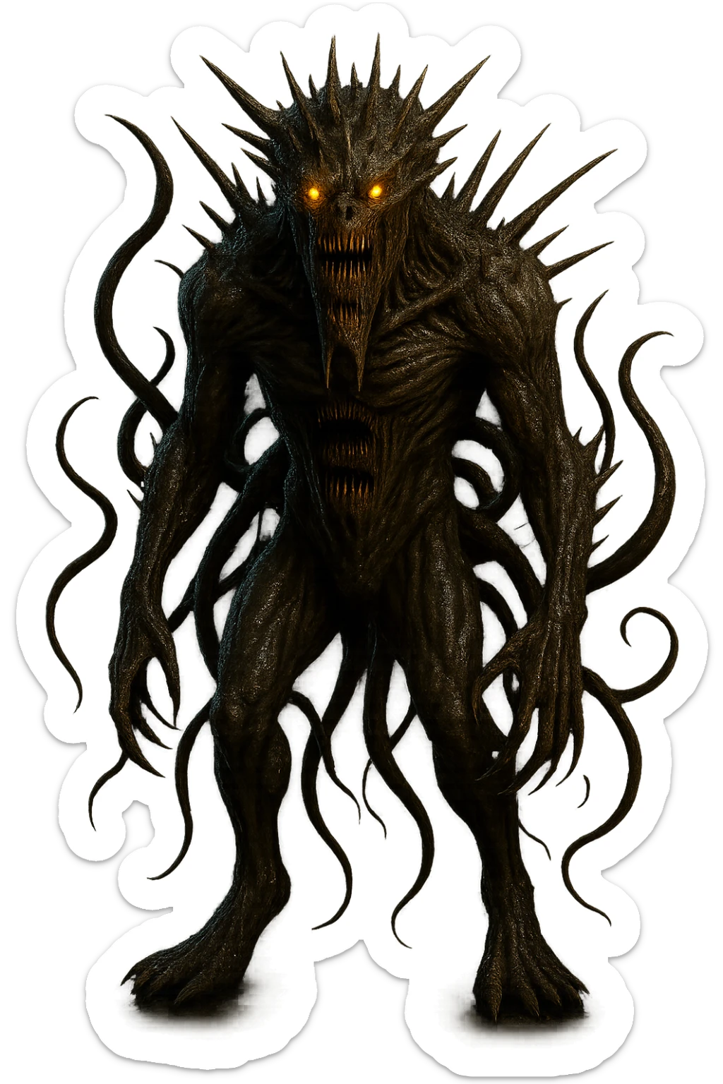 Add even more monstrous features to the monster in the image: extra mouths, horns, spikes, claws, and tentacles. Keep the monster huge, terrifying, realistic, slimy, with glowing eyes, and no background. sticker