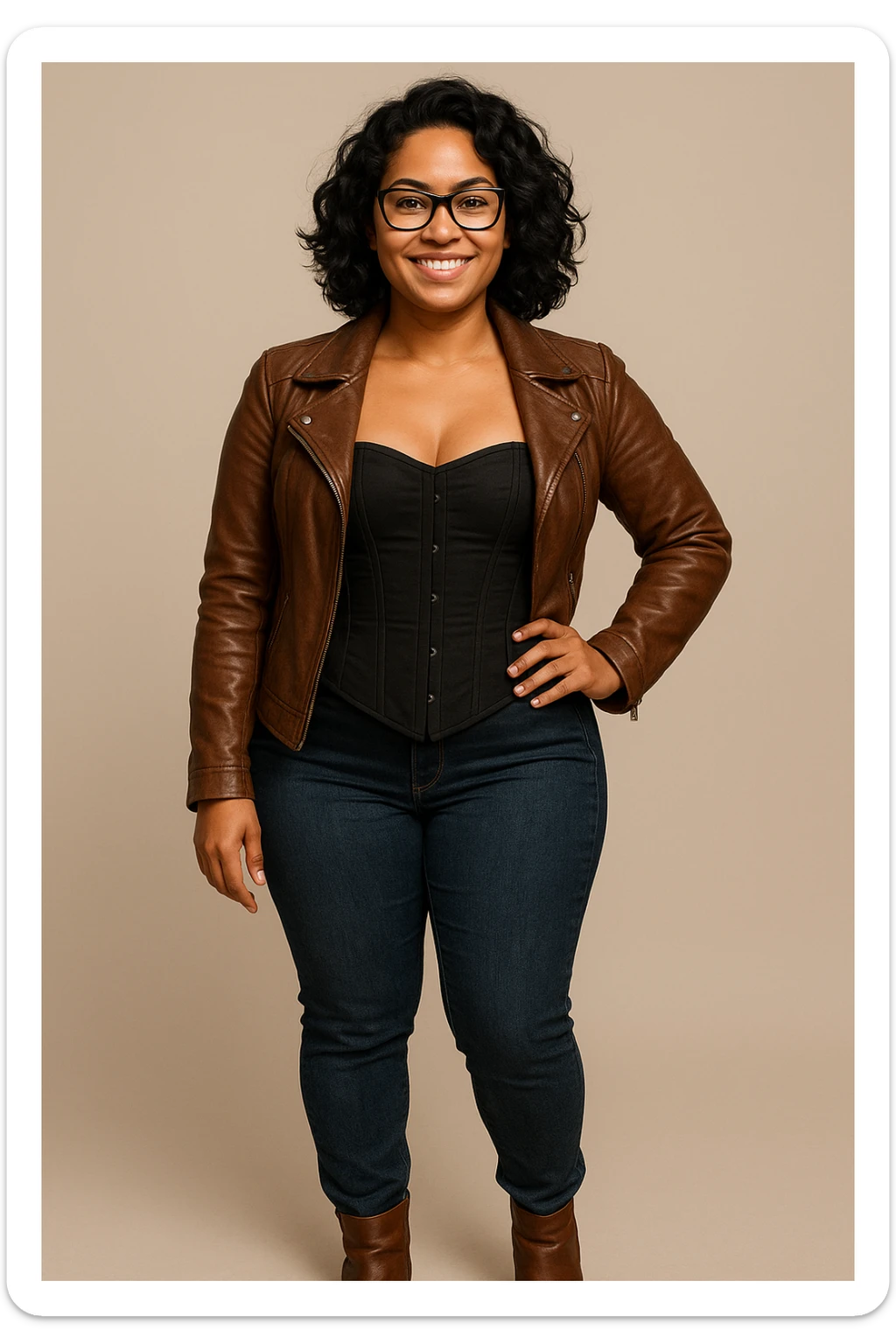 A woman with light brown skin, wavy black hair, and square-shaped glasses. She wears a black corset dress with a brown leather jacket, blue jeans, and brown ankle boots, smiling and standing confidently. sticker