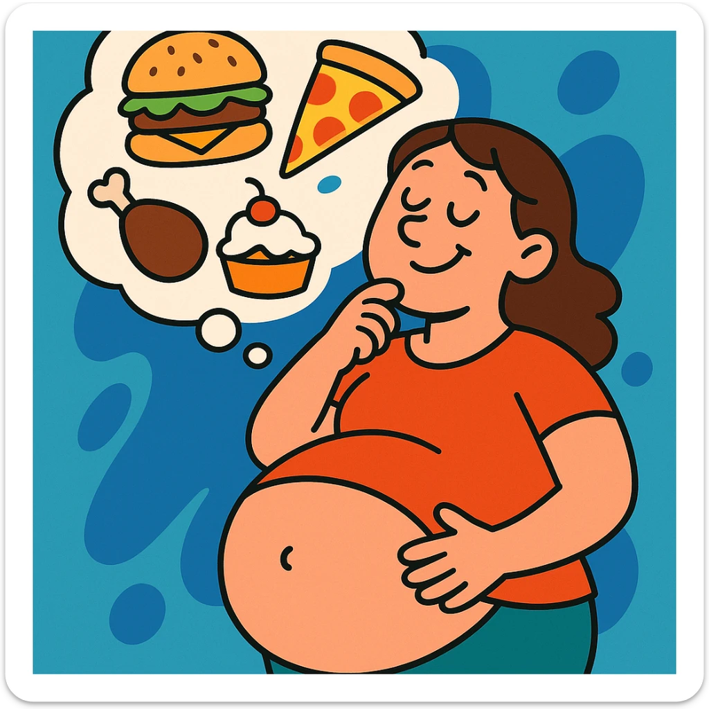 cartoon of a woman with a big hungry tummy, daydreaming about food, fun and lighthearted, vibrant toon style sticker