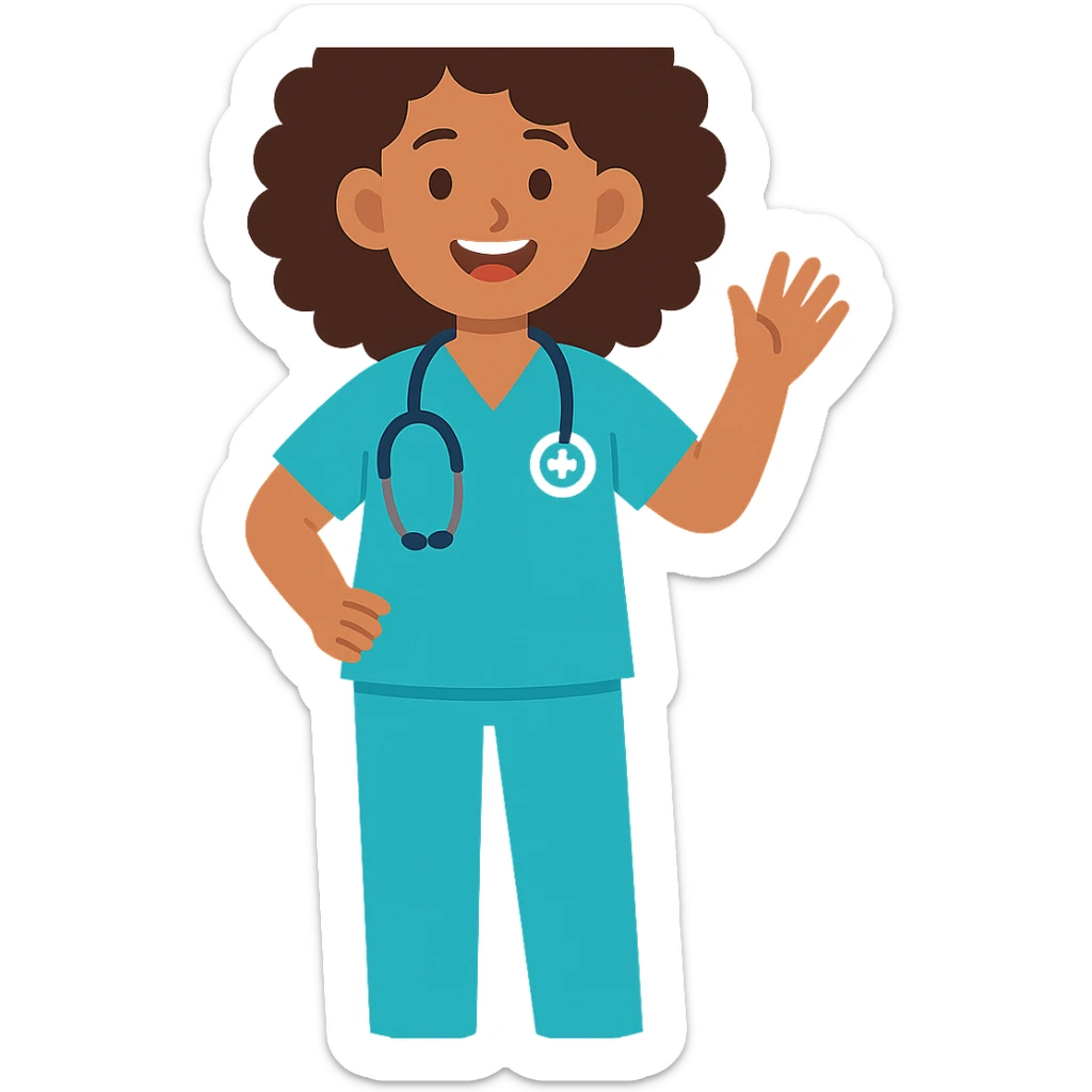 flat toon style Latina nurse with curly hair, nurse scrubs, cheerful sticker