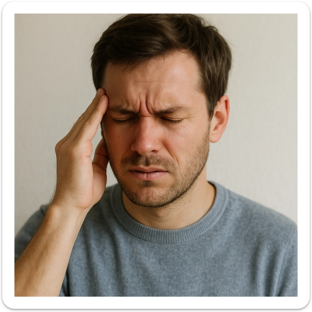 persona con dolor de cabeza, estilo realista suave, gesto de incomodidad, fondo claro, mano en la sien sticker