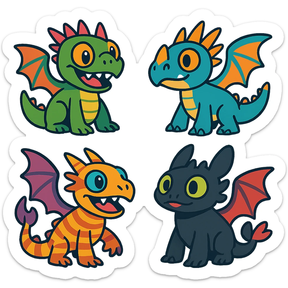 group of small, cute dragons from How to Train Your Dragon, fun and colorful style sticker