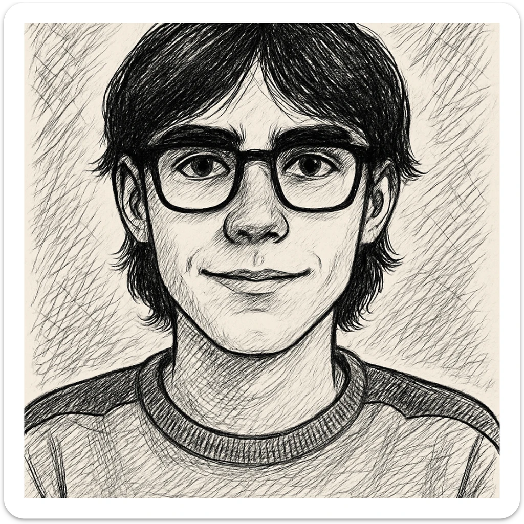 Dark-haired guy with hair to his earlobes, square black glasses, brown eyes, black doodle style sticker