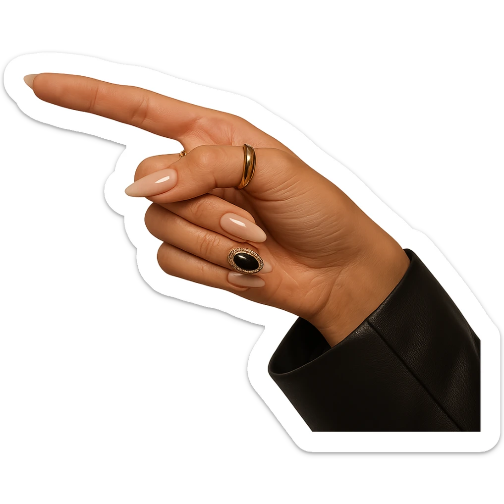 stylish girl's hand with long nails and rings, pointing to the left, clear and detailed sticker