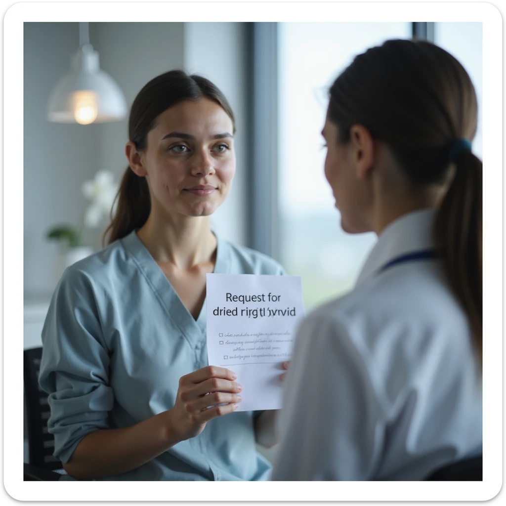 woman sitting in front of a doctor, handing over a paper with 'Request for dried pig thyroid' written on it, determined expression, modern clinical environment, hyperrealistic 4K details sticker