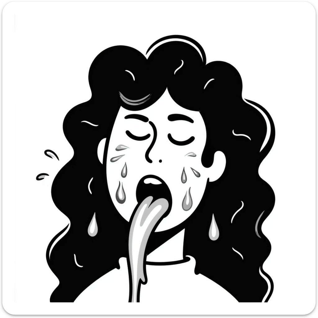 surprised disgusted woman with long messy curly black hair, thick goopy white liquid on cheeks, lips, tongue, tongue out, eyes shut, gunk dripping and matting hair sticker