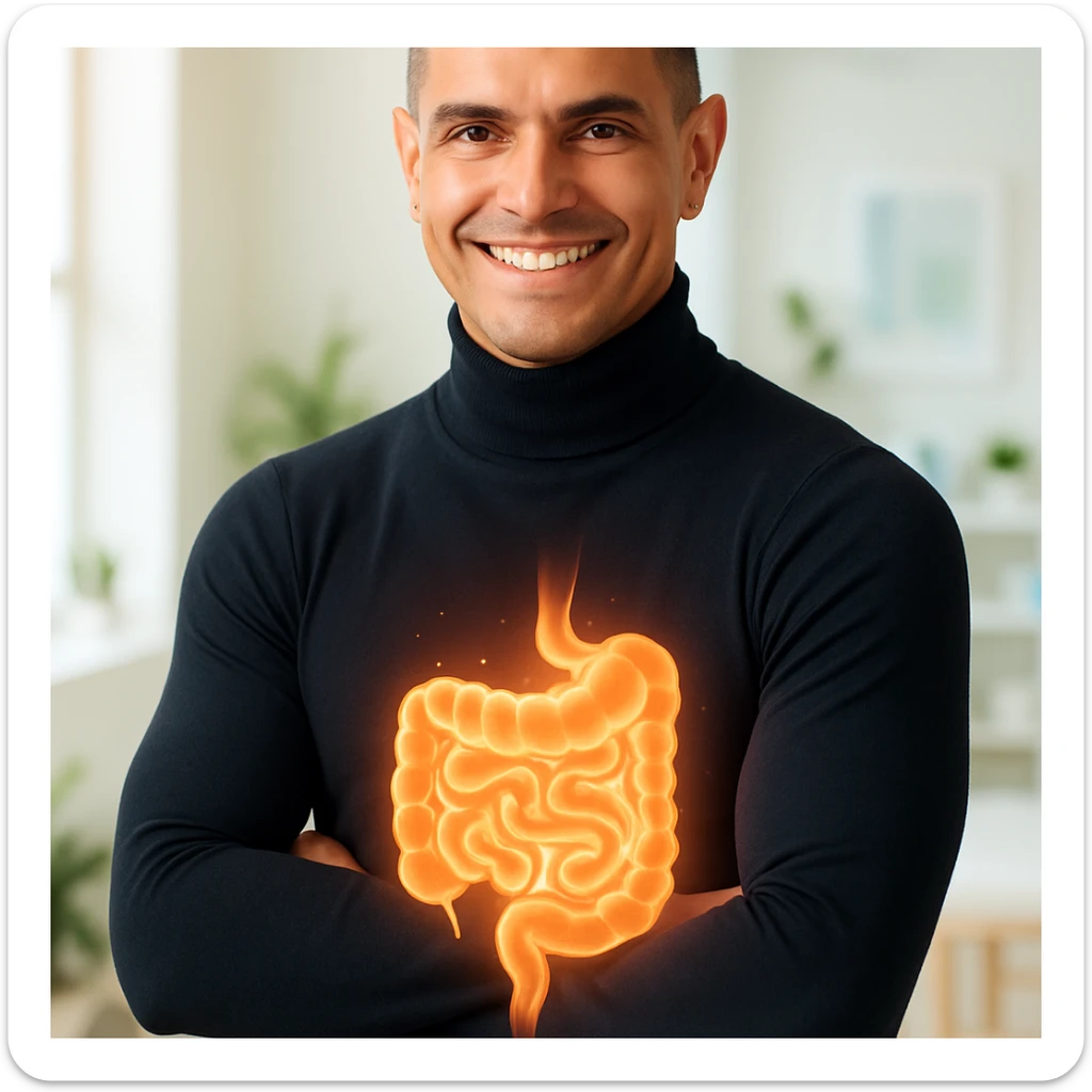 Create a semi-realistic, wellness-themed image of a healthy and fit 30-year-old man inspired by the reference image. Show a glowing stylized visualization of a healthy intestine over his abdominal area. The gut should appear vibrant, clean, well-shaped, and semi-transparent to reveal a clean digestive tract. The man smiles confidently, radiating energy and balance. The background is a bright minimalistic health clinic with soft natural lighting, conveying a positive and vibrant atmosphere. sticker