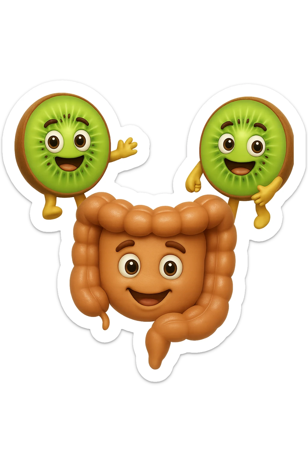 emoji stile iphone di kiwi fluttuano in aria tenendo in mano un pezzo di colon con espressione felice in volto, iperrealistico 4k sticker
