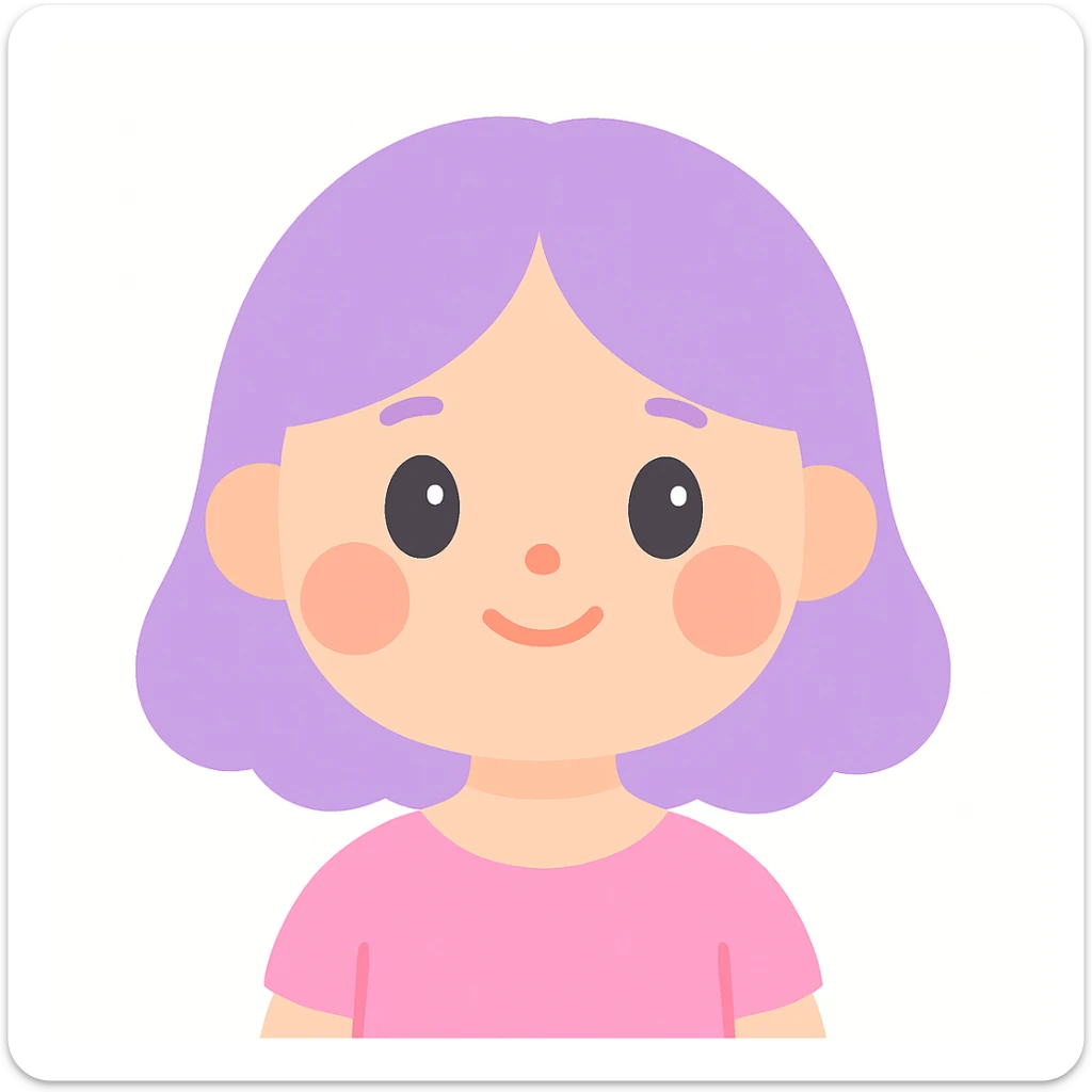 a girl with a cute peachy face, round cheeks, small nose, sweet and innocent look, lavender hair, plain background sticker