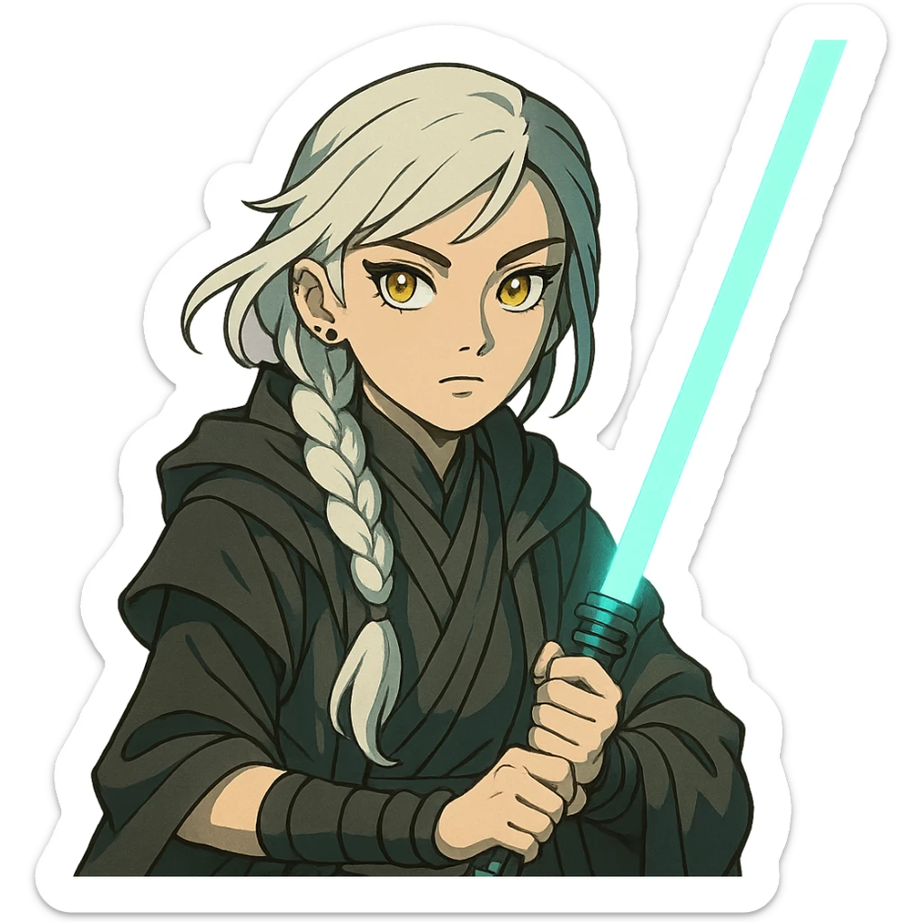  a closeup portrait of young woman with gold yellow eyes, white hair, long braid, black off-shoulder top, punk gothic style, futuristic cyberwave cyberpunk,  jedi attire and posture robes of a padawan, foreweilding a bright blue-green lightsaber sticker