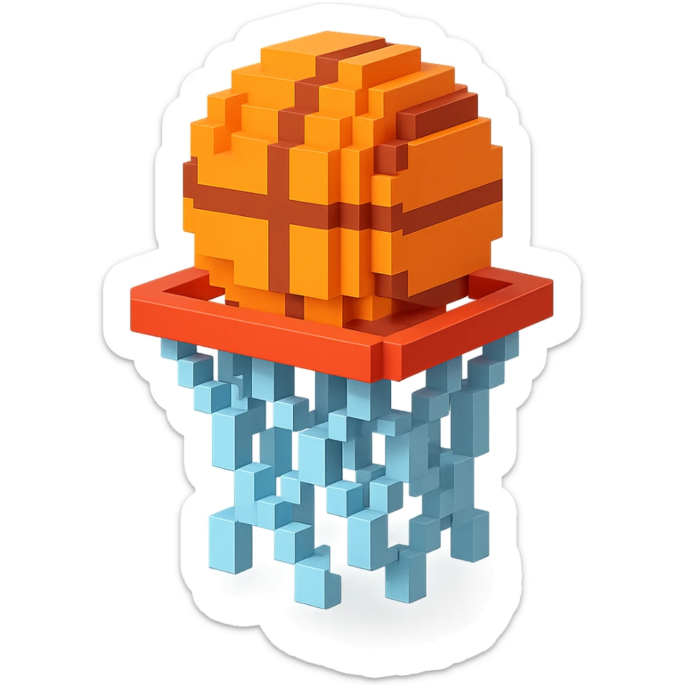A voxel-style basketball in a net sticker
