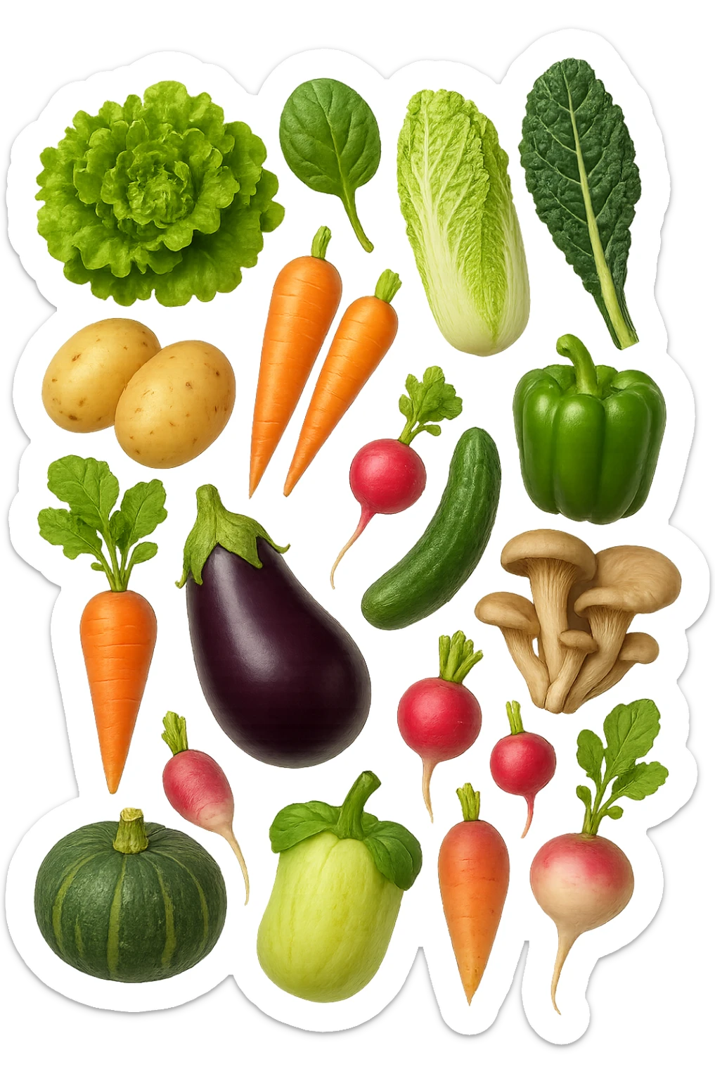 emoji stile iphone 3d di Lattuga, spinaci, cavolo cinese, cavolo nero
Patate, carote, rape, ravanelli
Melanzane, cetrioli, peperoni verdi
Funghi ostrica
Zucca kabocha
 che fluttuano in aria, iperealistico 4k sticker