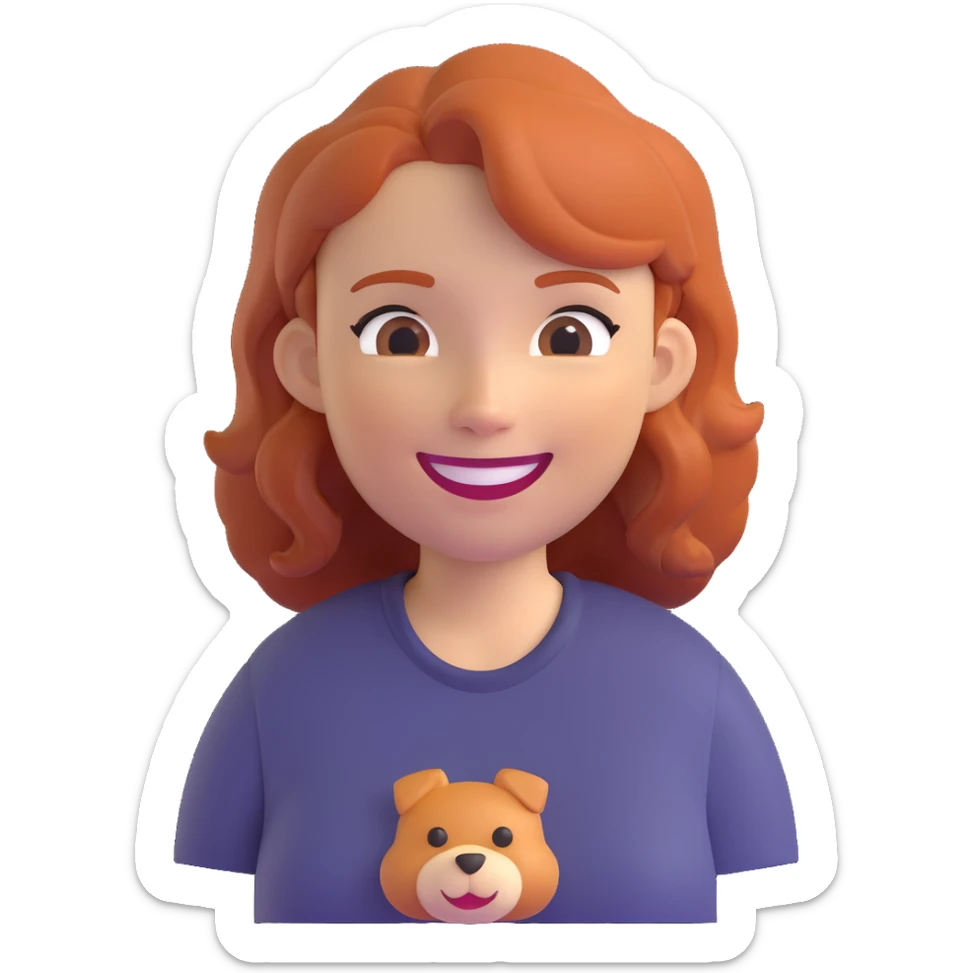 memoji style portrait of a woman with ginger hair, auburn shirt, smiling sticker