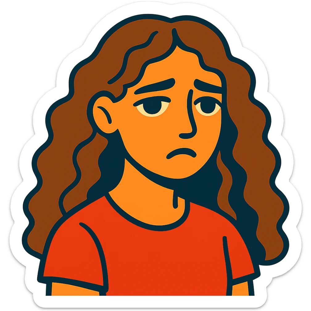 vibrant illustration of a girl with long curly brown hair (not too dark), intense dark brown eyes, clear skin (neither pale nor tan), mole on right cheek, sad expression sticker