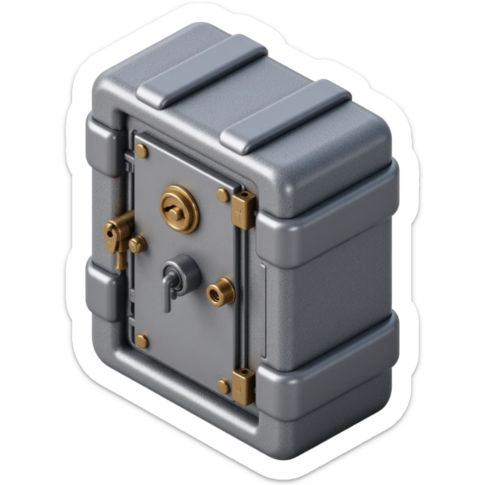 a secure bank vault, face on, skeuomorphism style, metallic textures, realistic details, shiny lock, heavy door, 3D effect sticker