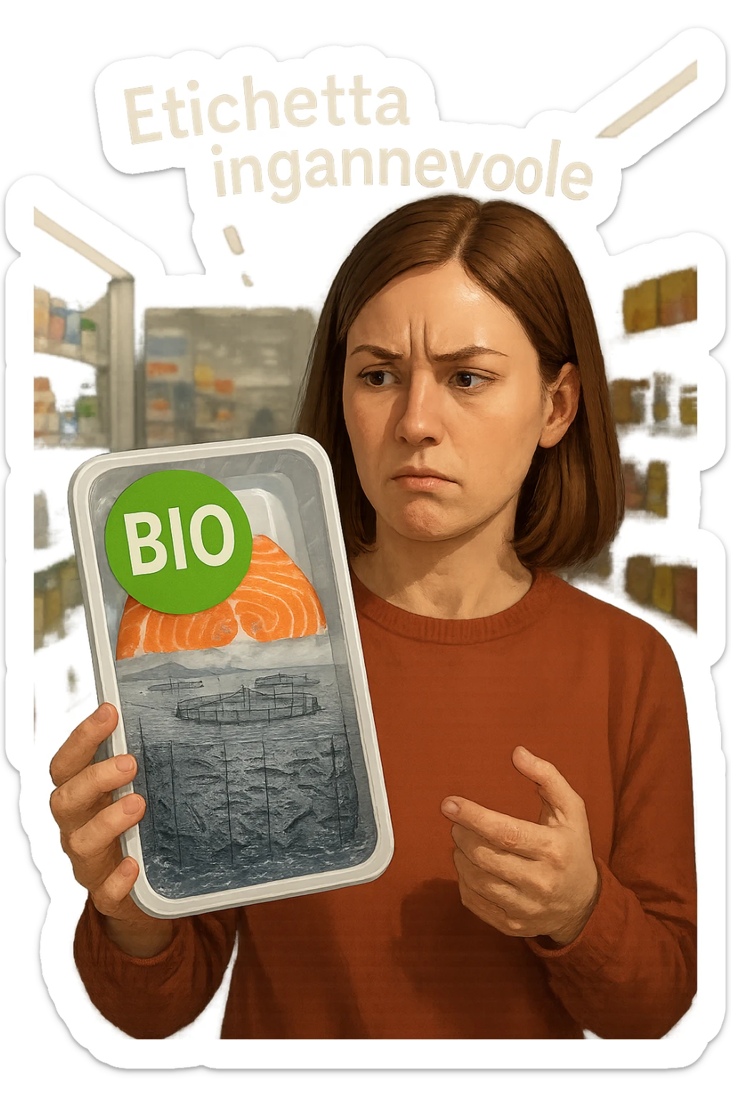 Scena in un supermercato moderno: uomo o donna tiene in mano una confezione di salmone etichettata 'BIO', con un grande bollino verde. Ma in trasparenza, dietro l’etichetta, si intravede un allevamento intensivo di salmoni in gabbie marine, acqua torbida e pesci ammassati. Espressione del cliente confusa e sospettosa. Sopra la testa, testo simbolico fluttuante: 'Etichetta ingannevole'. Colori contrastanti: confezione brillante ma realtà di fondo grigia e artificiale. Stile realistico con elementi simbolici forti realistico sticker