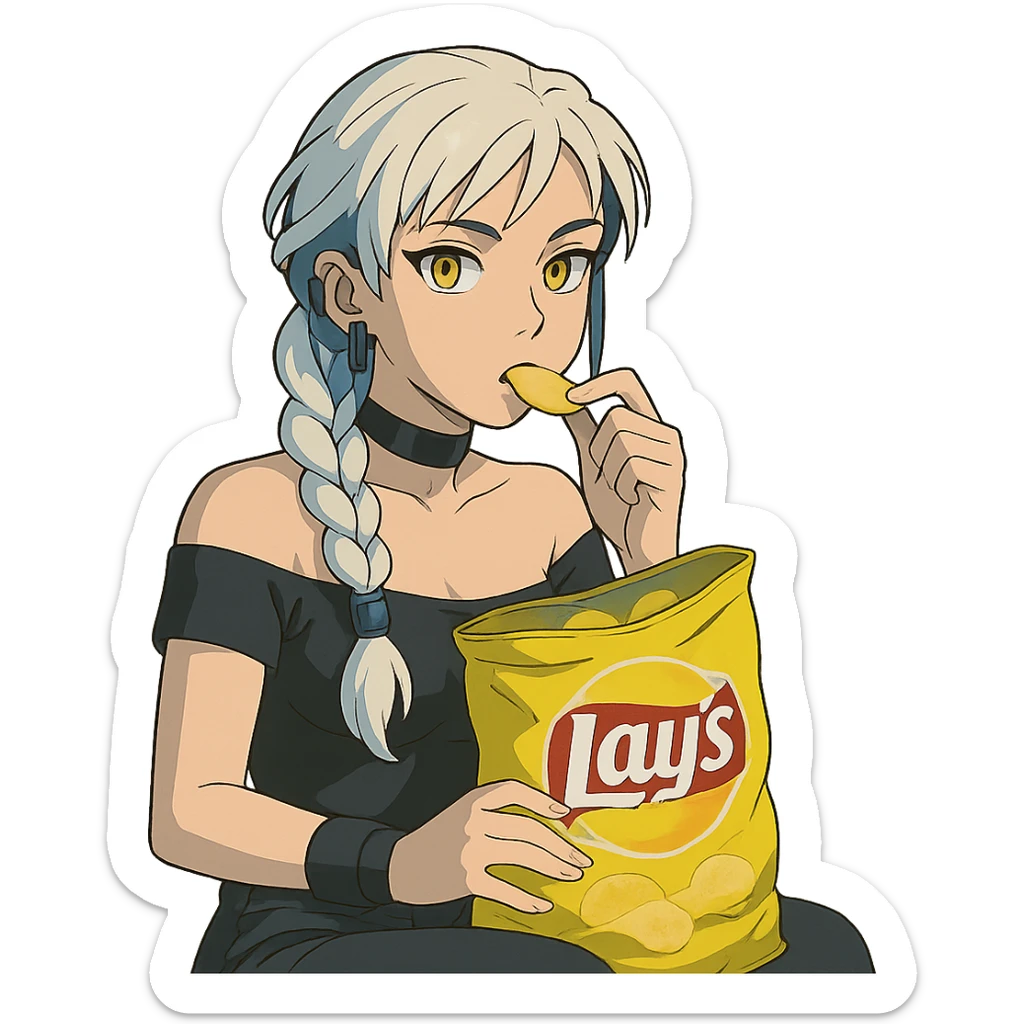  she is snacking out of a huge bag of lays-chips, a closeup portrait of young woman with gold yellow eyes, white hair, long braid, black off-shoulder top d-cup, punk gothic style, futuristic cyberwave cyberpunk, sitting position
 sticker