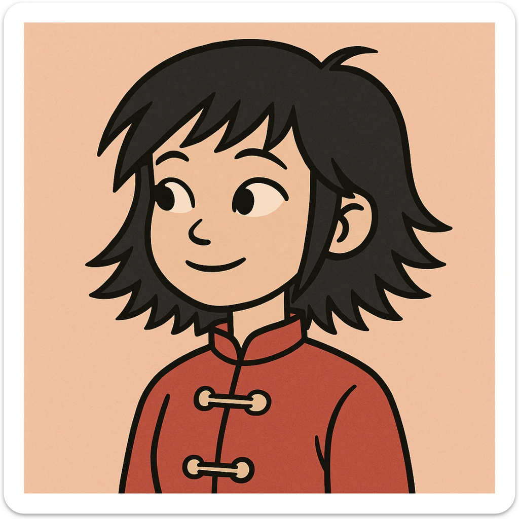 Chinese girl with black layered hair, minimalistic style, soft colors, simple background sticker