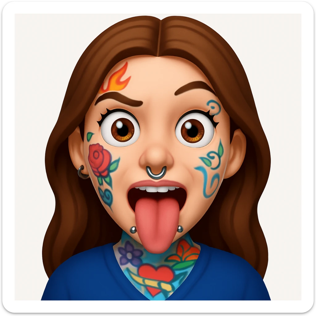 A 3D emoji in iOS emoji aesthetic style of a wild expressive person with colorful tattoos, multiple facial piercings, sticking out their tongue and making a funny face, glossy Apple-style design, clean white background, vibrant and bold look. sticker