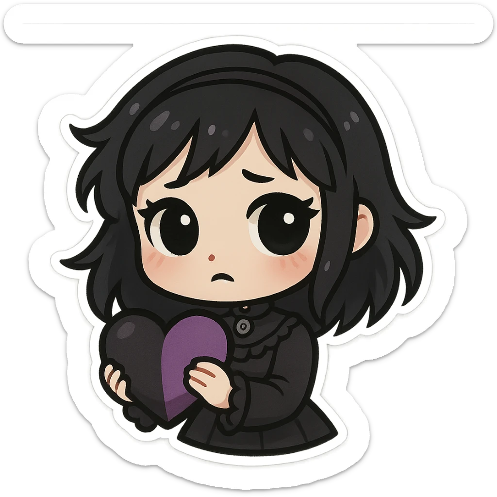 gothic chibi sticker, black and purple heart, cute and expressive, emoji style sticker