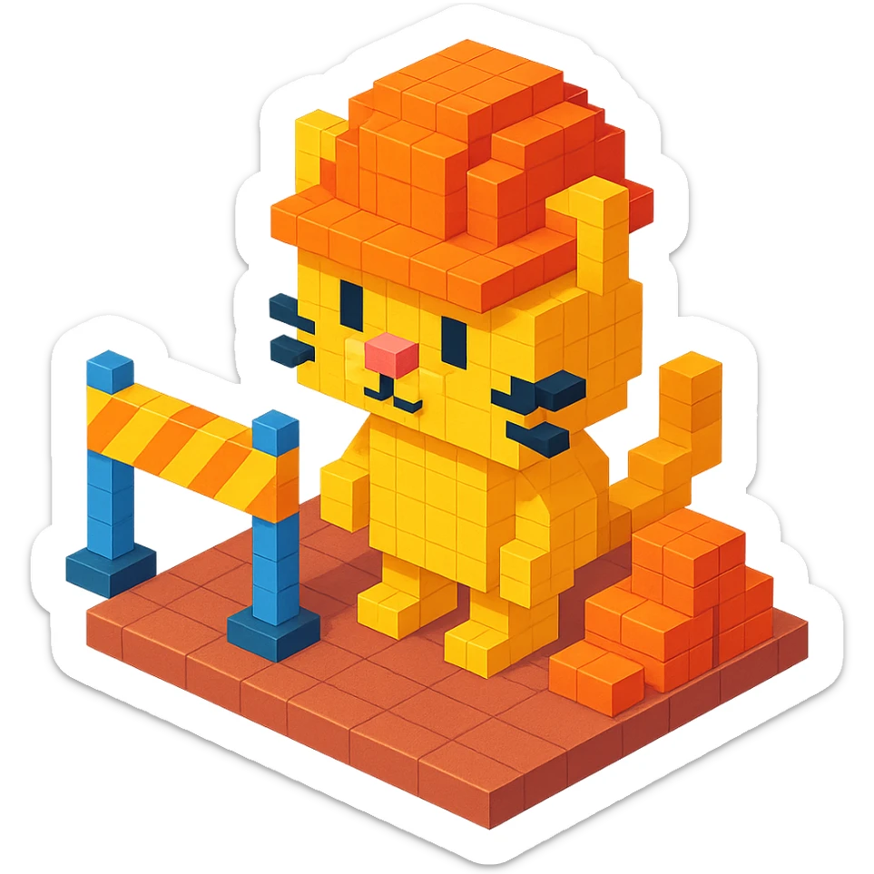 cat in orange safety helmet standing on a construction site in voxel style sticker