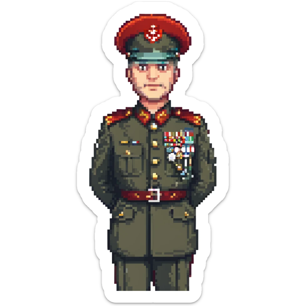 pixel art portrait of Kenan Evren, Turkish general, in uniform, minimal color palette sticker