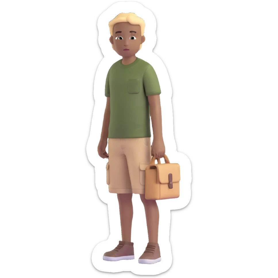 boy wearing an olive-green shirt over a brown T-shirt with beige cargo shorts sticker