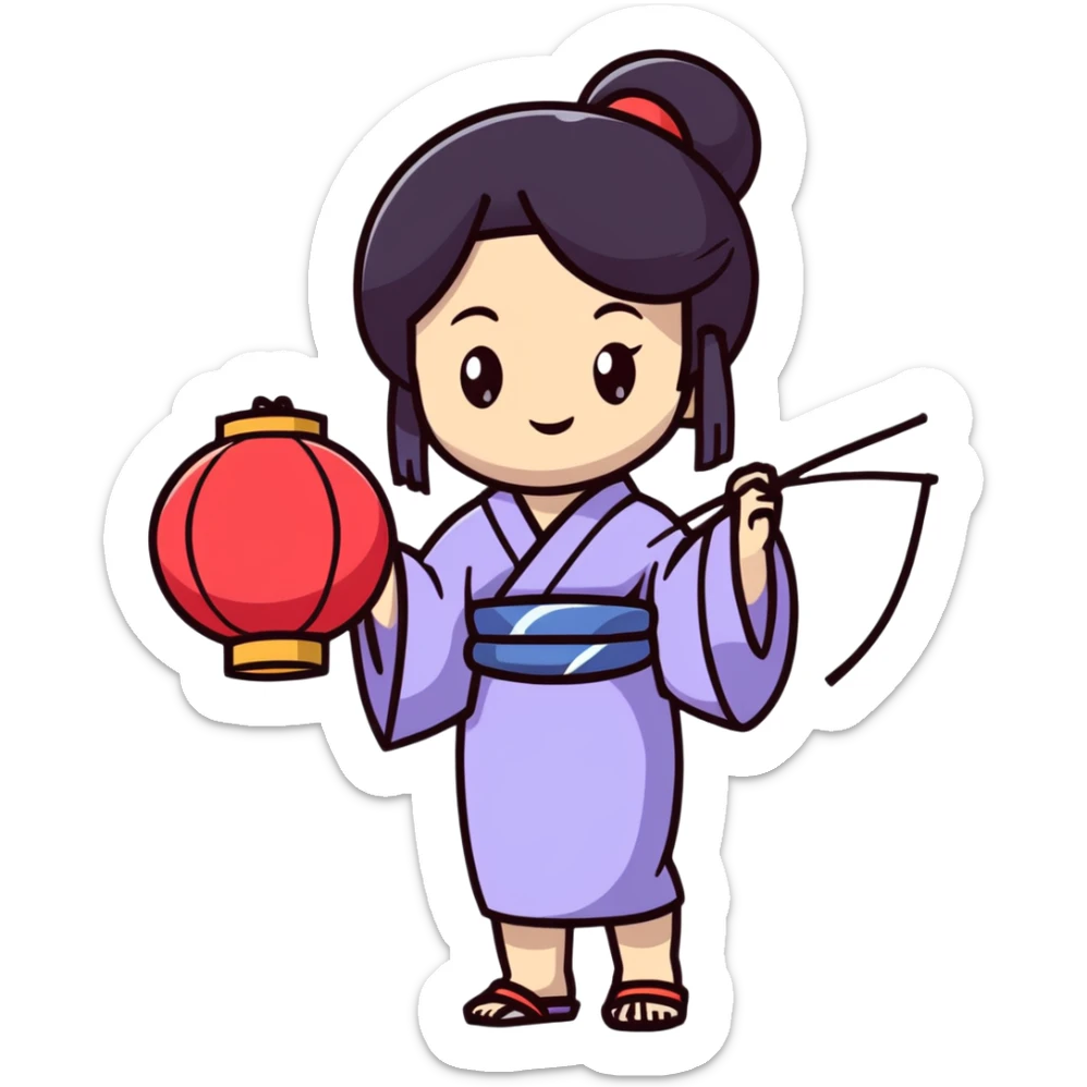 Cute Japanese high school girl in yukata at school summer festival with paper lanterns sticker