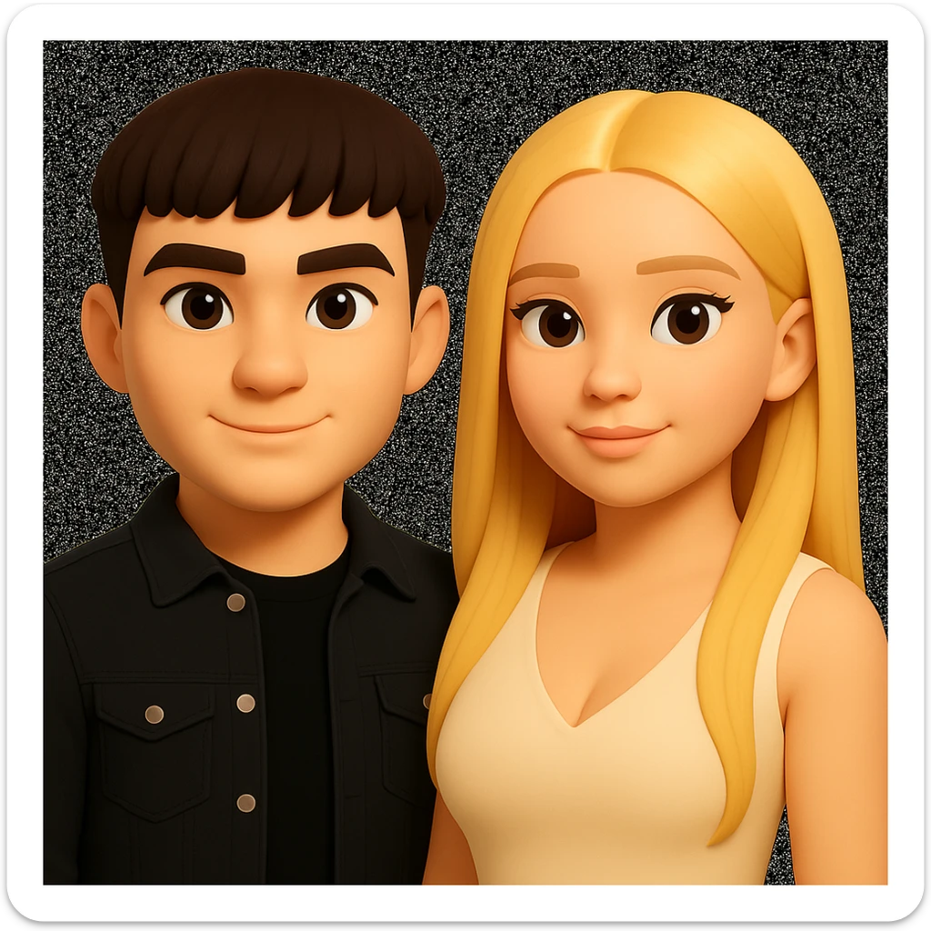 Slightly increase the volume of the upper body of the girl, slightly turn her to face forward, and make the skin color uniform. Maintain the cartoonish 3D style as in the reference image. sticker