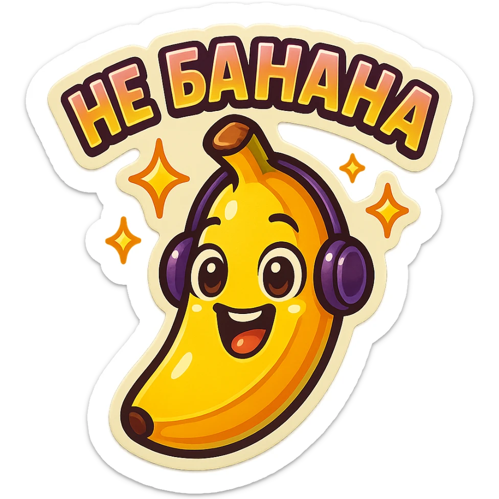 Funny cartoon banana, big happy smiling face, wearing tiny headphones, wide excited eyes, tiny sparkles around, text above: "НЕ БАНАНА ", chibi style, Twitch emoji style, colorful, transparent background sticker