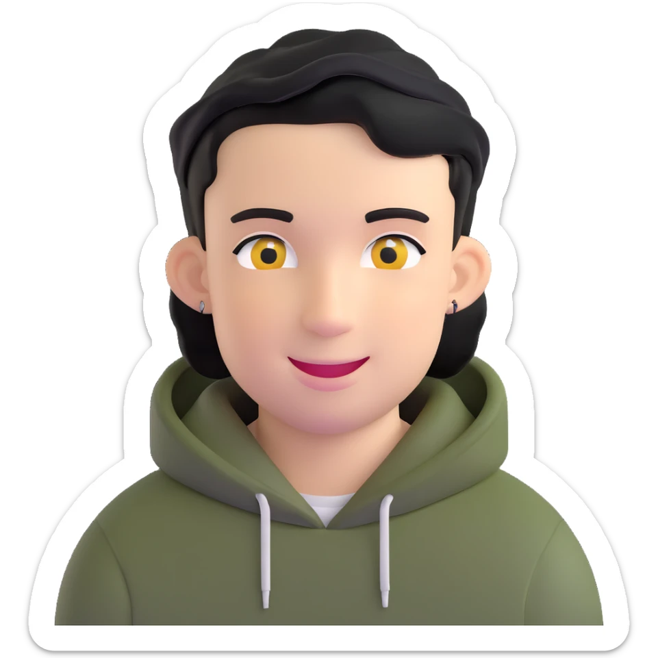 man with smiley face, black hair military cut, brown eyes, wearing 2 circle earrings and a black hoodie sticker