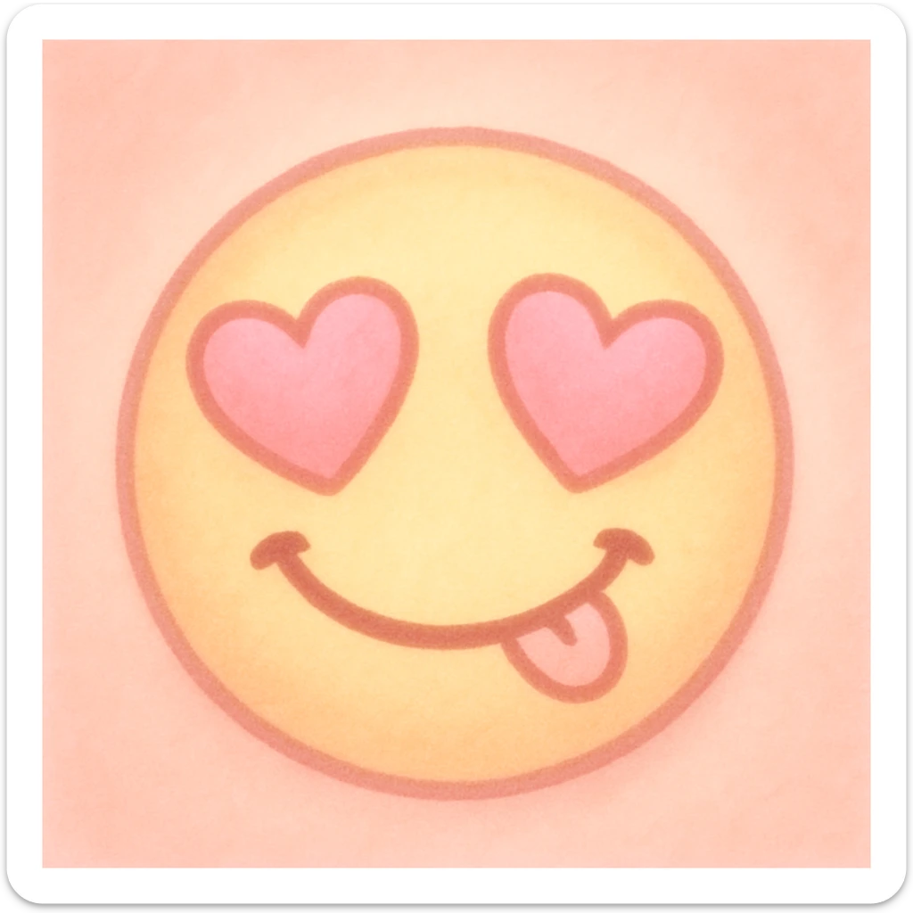 cute emoji, heart eyes, playful grin, pastel pink and yellow sticker