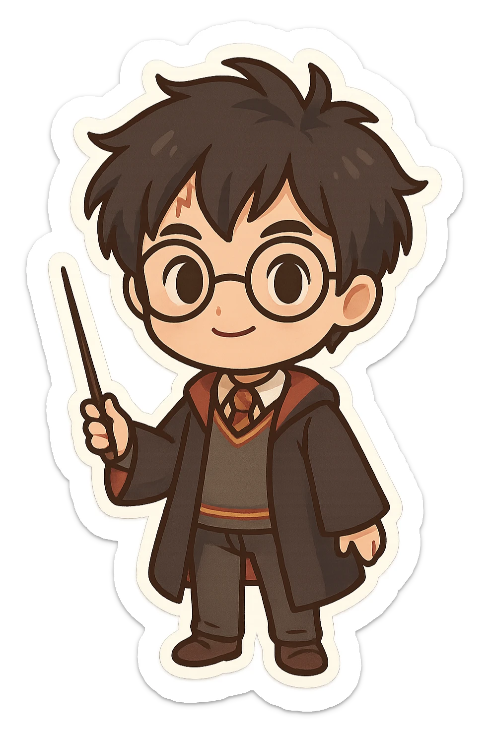 cute chibi character inspired by Harry Potter, messy black hair, round glasses, scar on forehead, Hogwarts uniform with sweater, tie, pants, and shoes, holding a wand, transparent background sticker