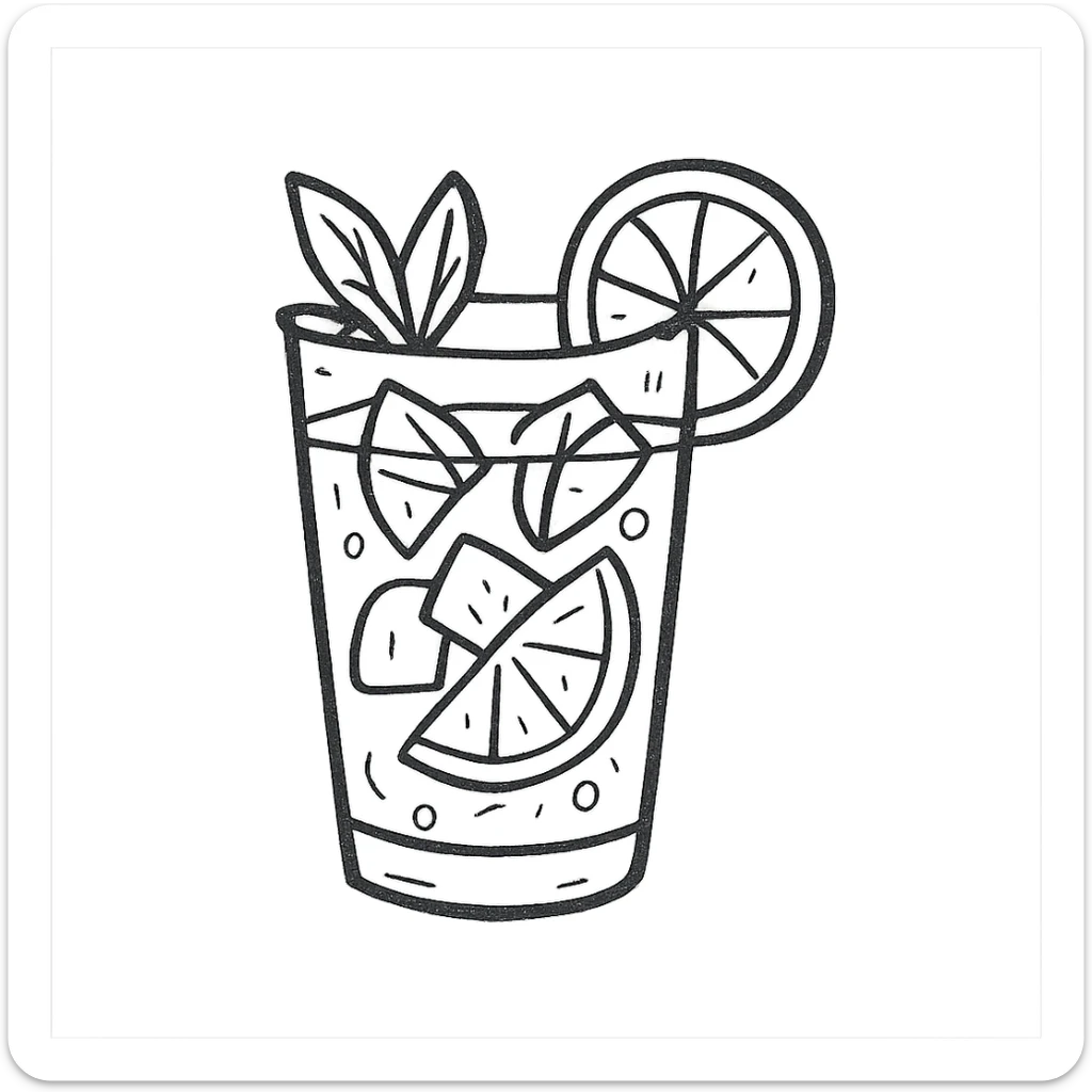 mojito in a glass with mint leaves and lime, refreshing and detailed, hand-drawn style sticker