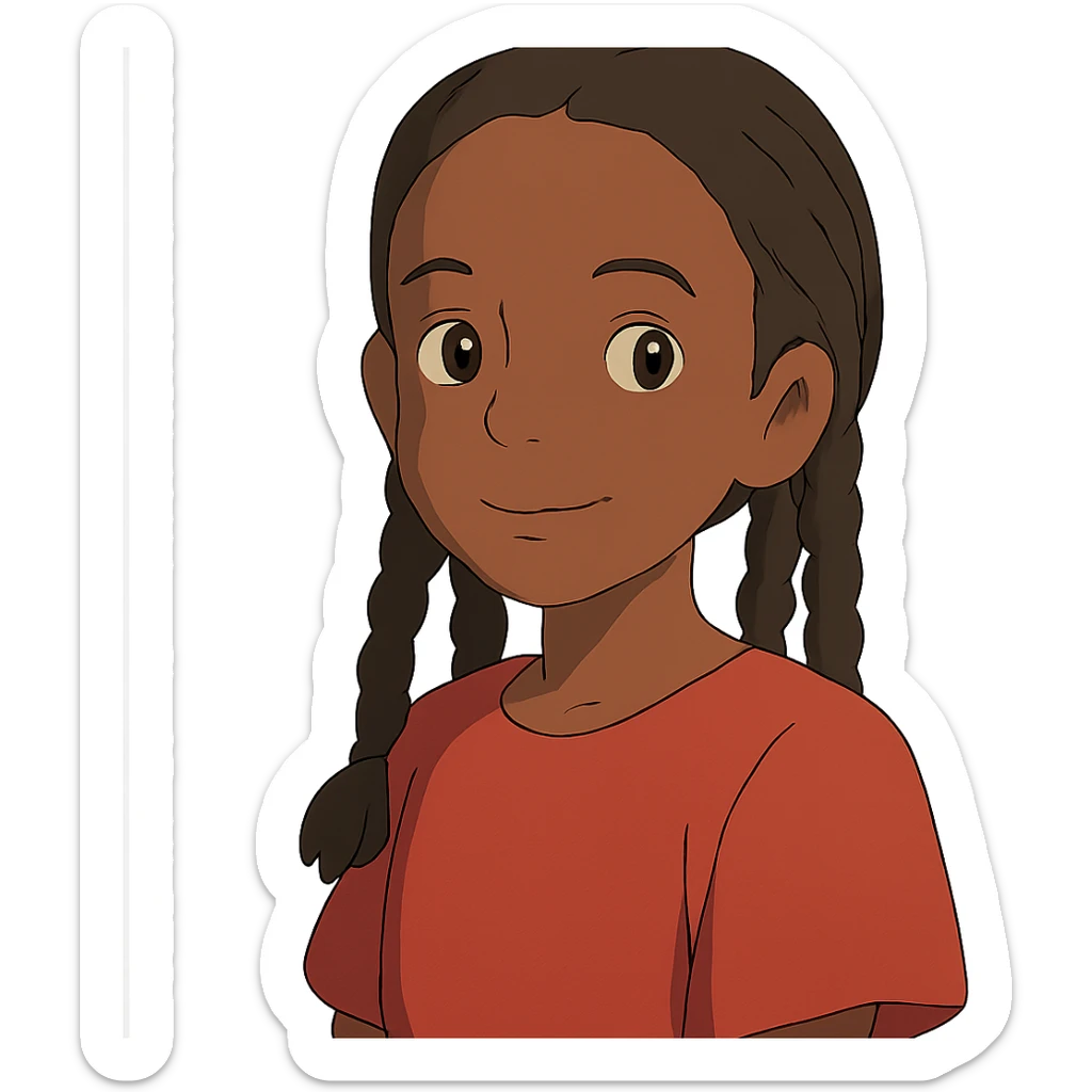 ghibli style dark skin girl with braids and red shirt sticker