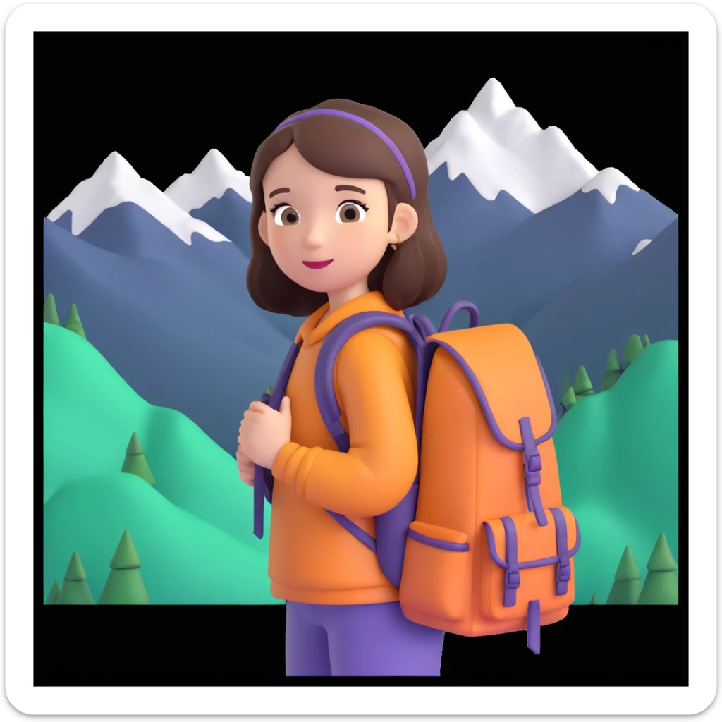 portrait of girl back packing mountains in background, close up pose sticker
