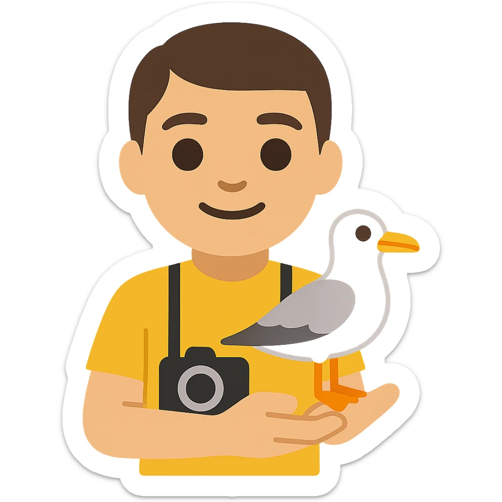 Minimalist emoji-style illustration of a smiling photographer holding a seagull in their hands and a camera around the neck. Simplified, clean lines, vibrant colors, small size sticker