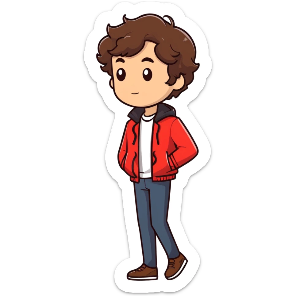 Homem de cabelo castanho ondulado usando uma jaqueta vermelha full body  sticker