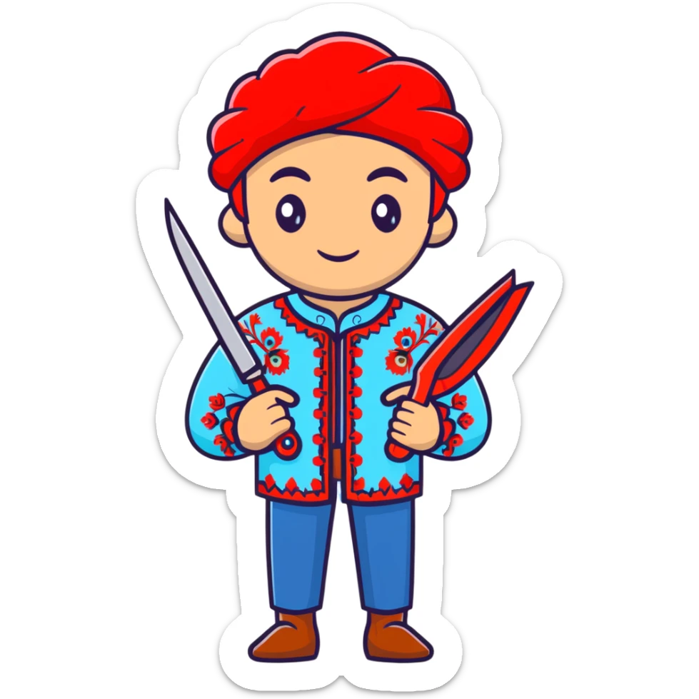 Ukrainian man in traditional embroidered vyshyvanka shirt holding red scissors in one hand and a spanner in the other hand sticker