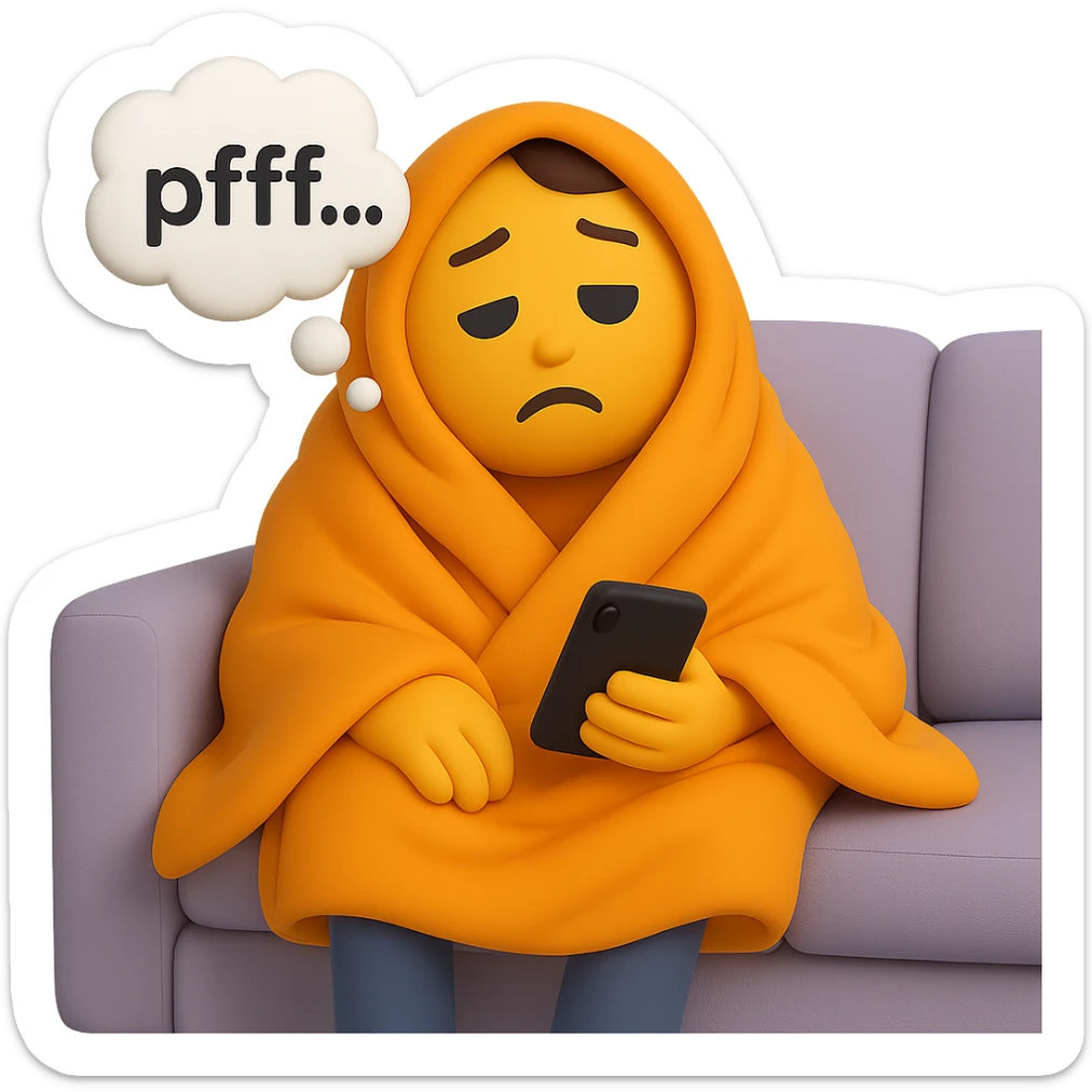 Add a phone in the hand of the emoji of a slouched, tired character wrapped in a blanket on a couch, with heavy eyelids and a thought bubble saying 'pfff…'. Preserve the transparent background. sticker