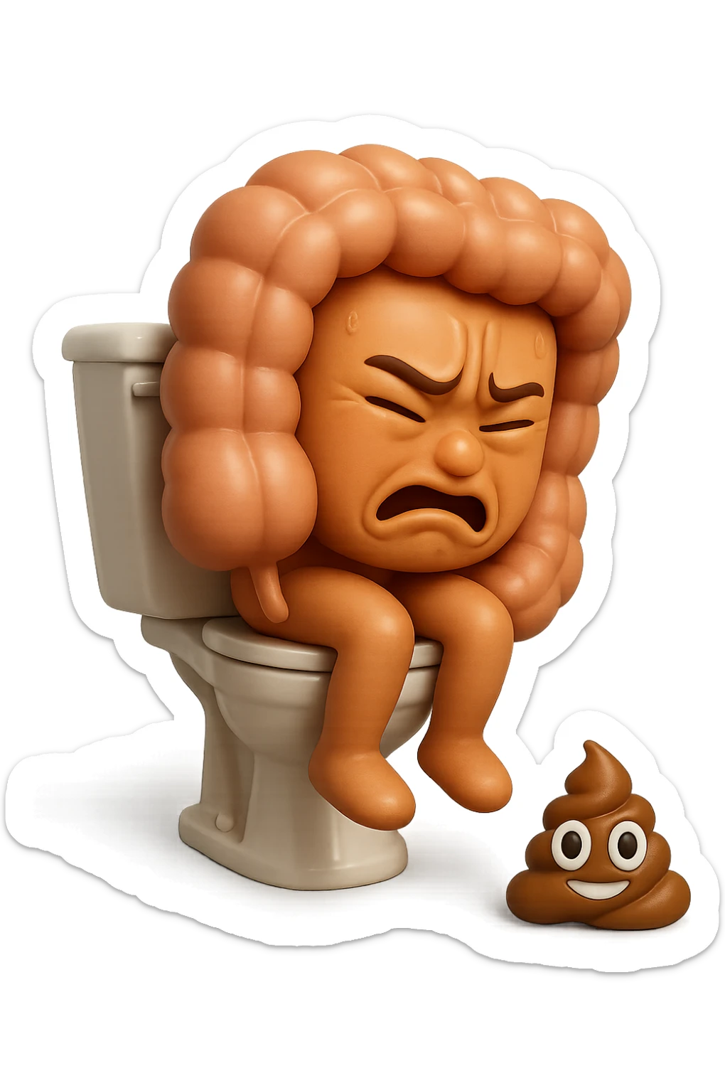 SU QUESTO STILE FAI UN EMOJI STILE IPHONE 3D DI UN INTESTINO CHE sta seduto sul wc e davanti ha una montagnetta di feci a palline stile emoji iphone, FAGLI UN ESPRESSIONE di dolore mentre si sforza E FALLO MOLTO REALISTICO IN 3D sticker