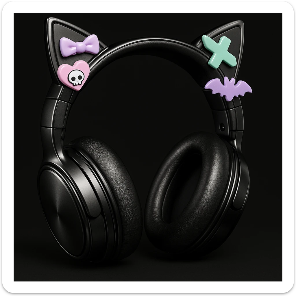 Add cute pastel goth hair clips to the cat ear headphones, keep the style and background as is. Maintain the original look and feel of the image. sticker