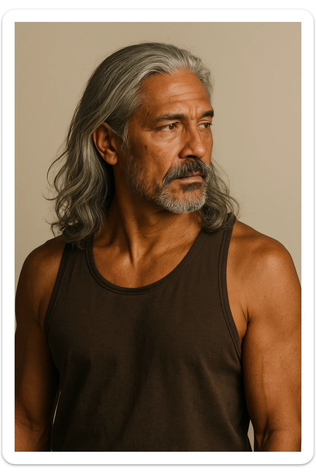 brown tanned man over 40 with long grey hair, looking to the side, upper body, plain background sticker